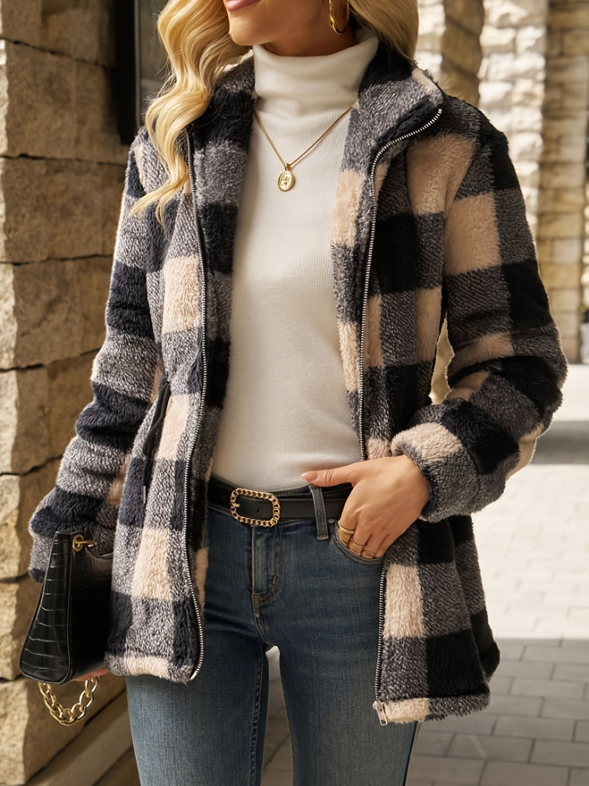 Women's Soft Plush Zip-Up Hooded Plaid Jacket