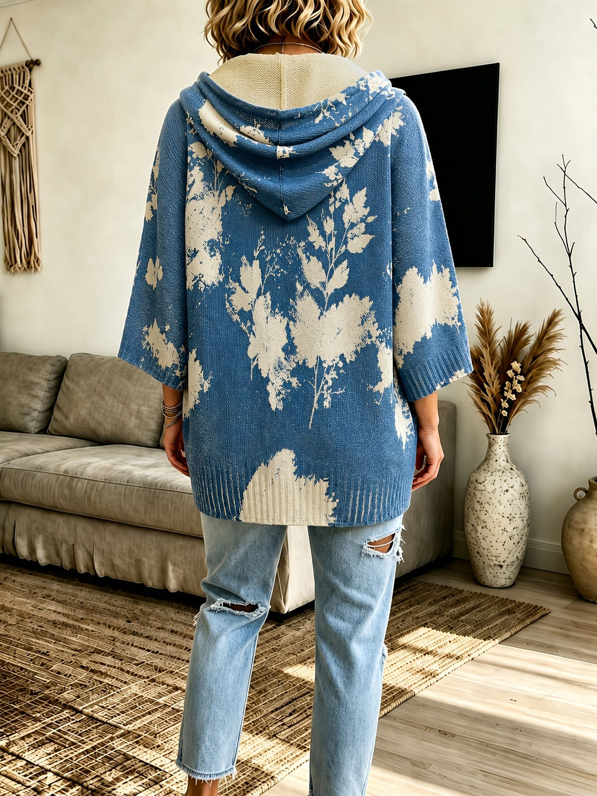 Women's Drawstring Hood Floral Knit Poncho Sweater