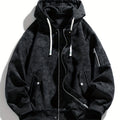 Women's Drawstring Hood Zip Jacket with Ribbed Cuffs and Hem - Black