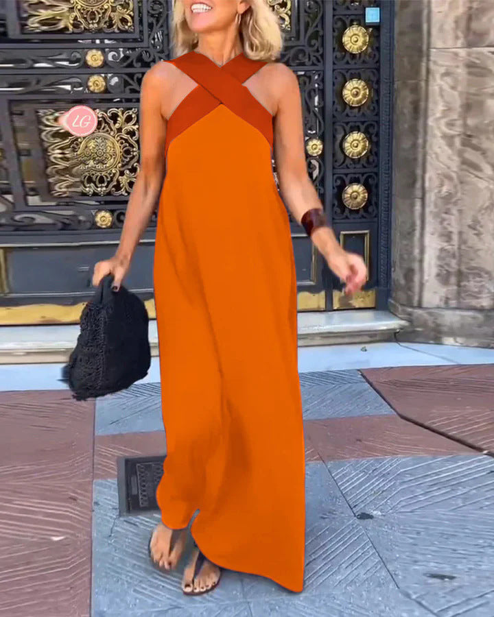 Women's Crossover Halter Maxi Dress With Flowing Silhouette