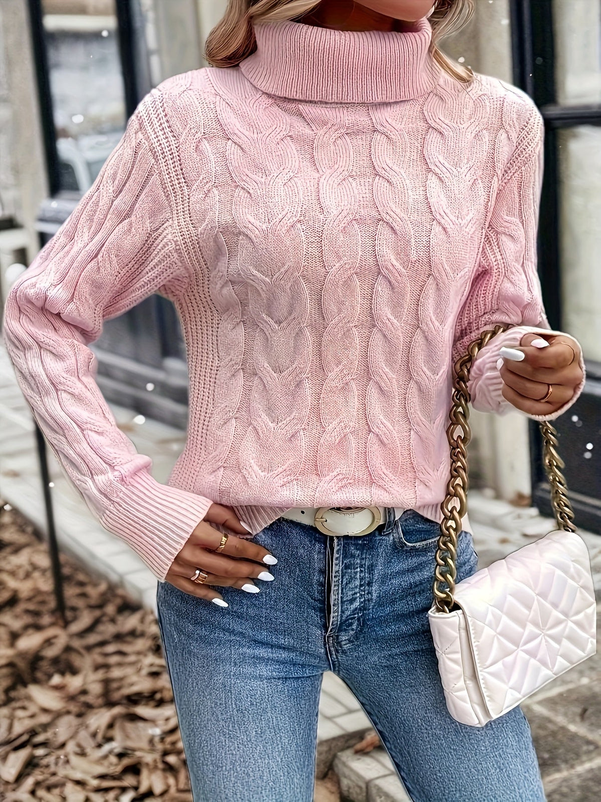 Women's Everyday Turtleneck Pullover with Twisted Cable Knit