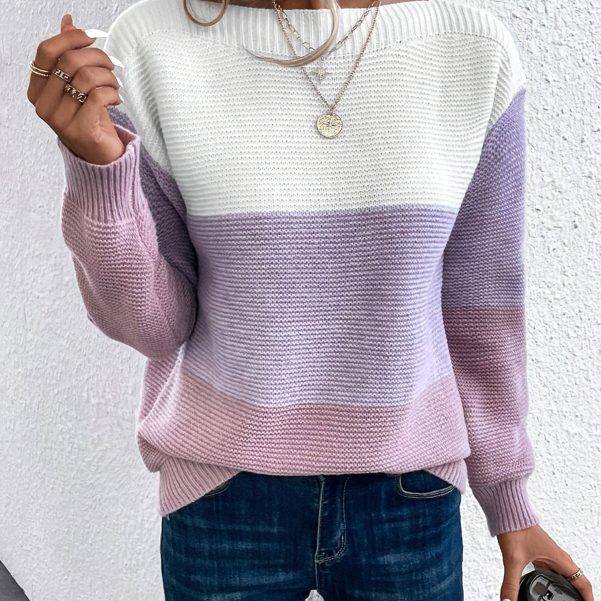 Women's Relaxed Contrast Block Knit Sweater - Light Purple