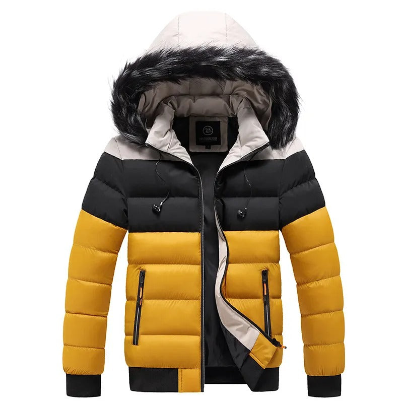 Men's Winter Down Jacket With Fur-Trim Hood and Zip Pockets - Yellow
