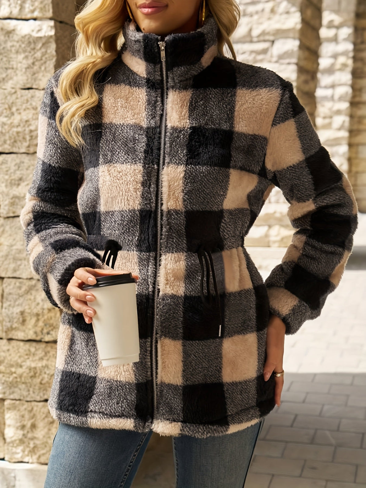 Women's Soft Plush Zip-Up Hooded Plaid Jacket