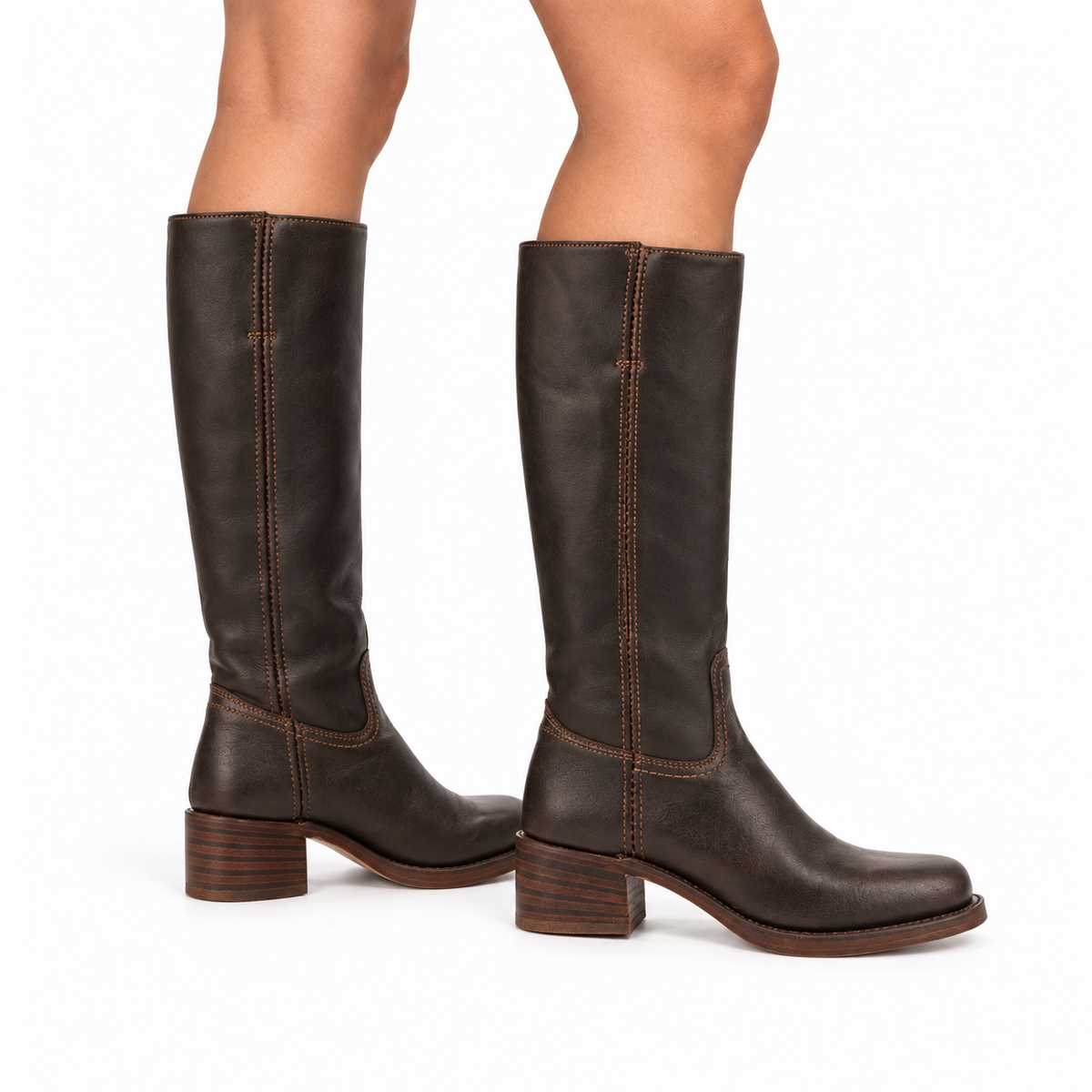 Women's Knee-High Cowboy Boots in Faux Leather with Low Block Heel - Dark Brown