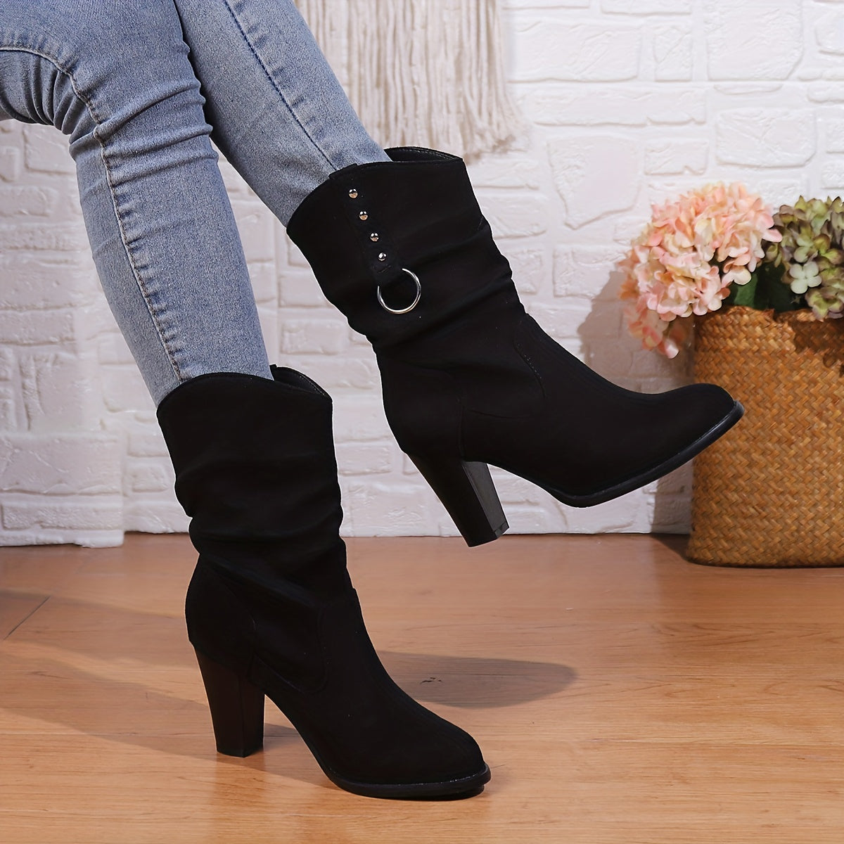 Women's Relaxed Fold Cowgirl Booties with Ring Accent - Black