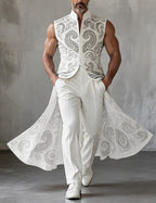 Men's Printed Sleeveless Tailcoat Jacket With Mandarin Collar
