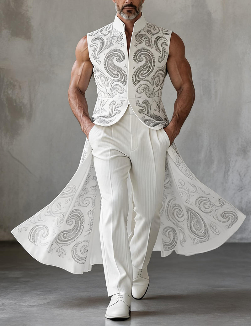 Men's Printed Sleeveless Tailcoat Jacket With Mandarin Collar