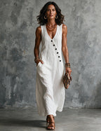 Women's Linen Sleeveless V Neck Midi Dress