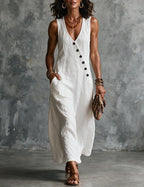 Women's Linen Sleeveless V Neck Midi Dress