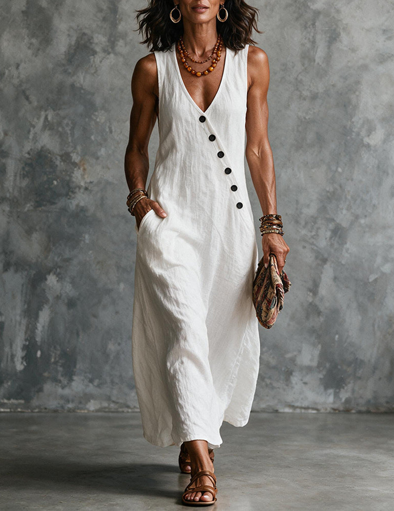 Women's Linen Sleeveless V Neck Midi Dress