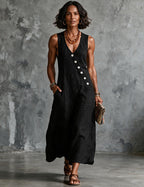 Women's Linen Sleeveless V Neck Midi Dress