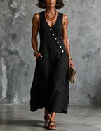 Women's Linen Sleeveless V Neck Midi Dress