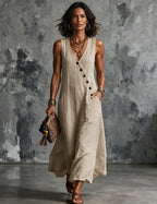 Women's Linen Sleeveless V Neck Midi Dress
