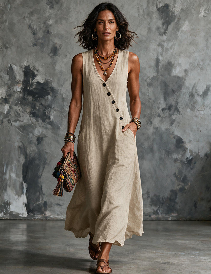 Women's Linen Sleeveless V Neck Midi Dress