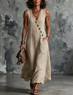 Women's Linen Sleeveless V Neck Midi Dress