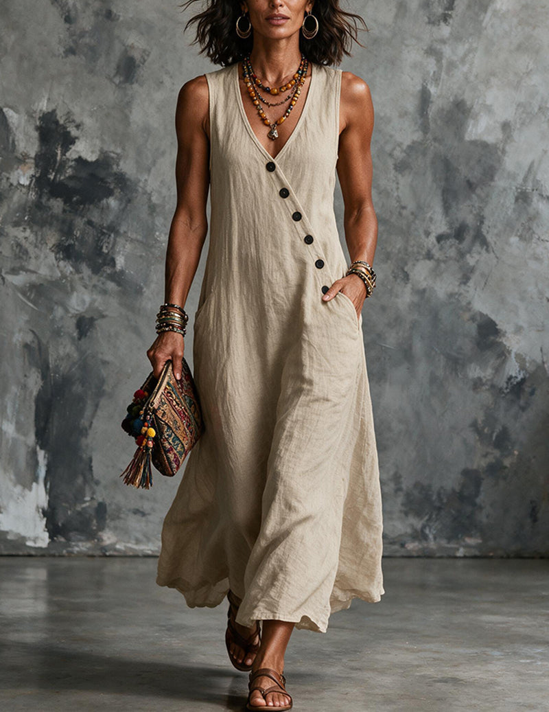 Women's Linen Sleeveless V Neck Midi Dress