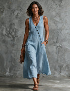 Women's Linen Sleeveless V Neck Midi Dress