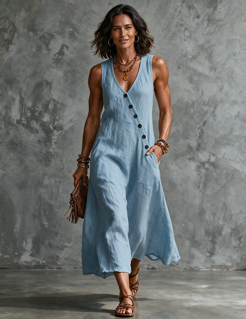 Women's Linen Sleeveless V Neck Midi Dress