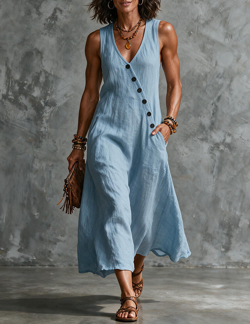 Women's Linen Sleeveless V Neck Midi Dress