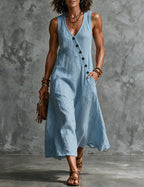 Women's Linen Sleeveless V Neck Midi Dress