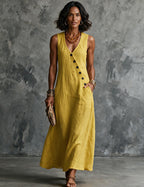 Women's Linen Sleeveless V Neck Midi Dress
