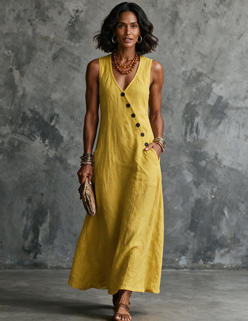 Women's Linen Sleeveless V Neck Midi Dress