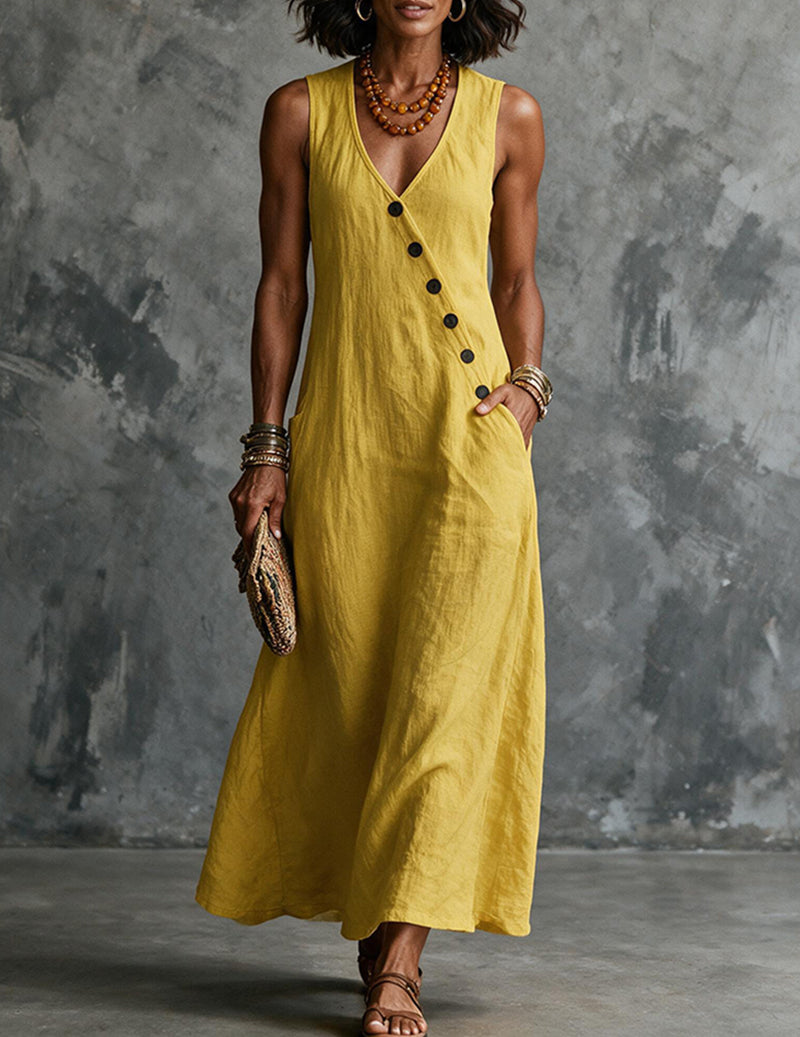 Women's Linen Sleeveless V Neck Midi Dress