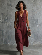 Women's Linen Sleeveless V Neck Midi Dress