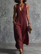 Women's Linen Sleeveless V Neck Midi Dress