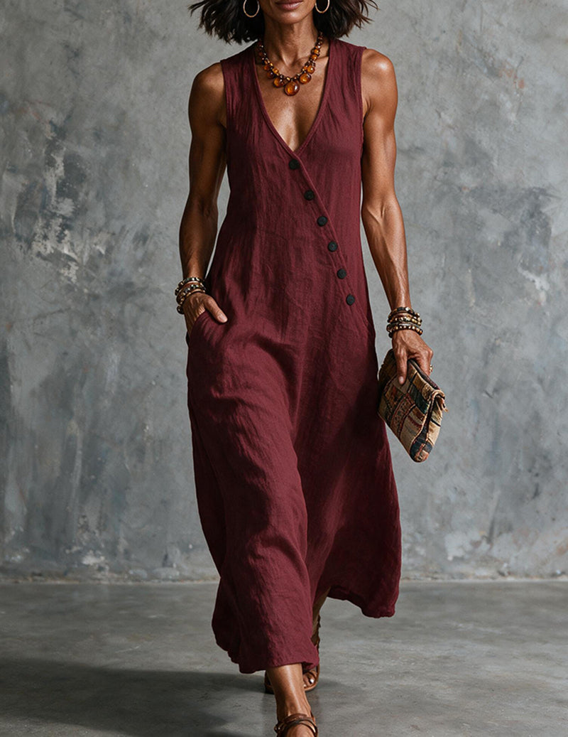 Women's Linen Sleeveless V Neck Midi Dress