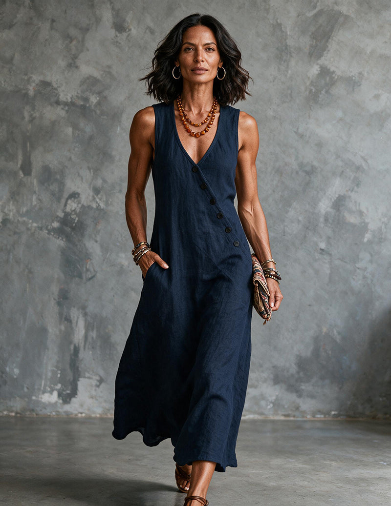 Women's Linen Sleeveless V Neck Midi Dress