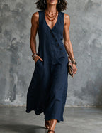 Women's Linen Sleeveless V Neck Midi Dress