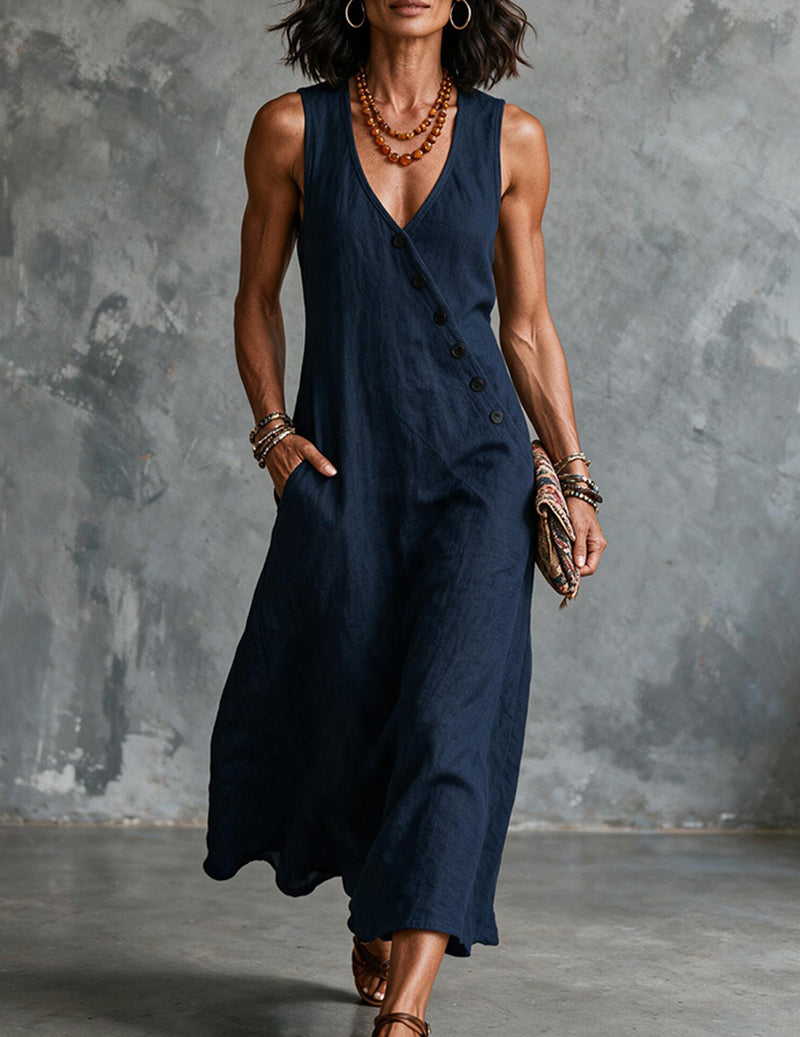 Women's Linen Sleeveless V Neck Midi Dress