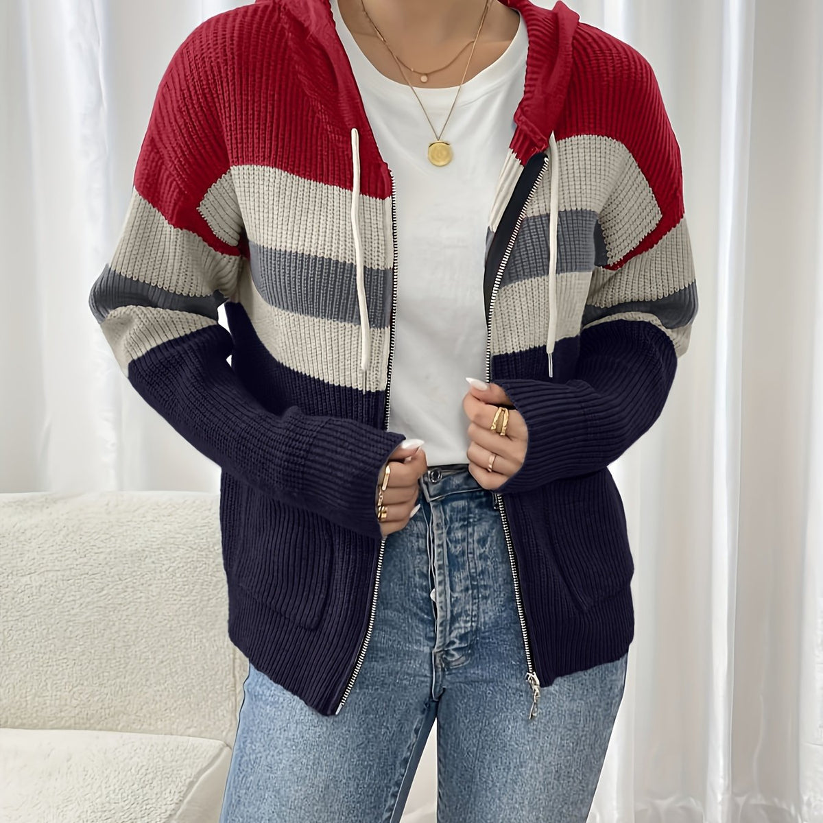 Women's Multicolor Rib Knit Hooded Zip-Up Cardigan - Red