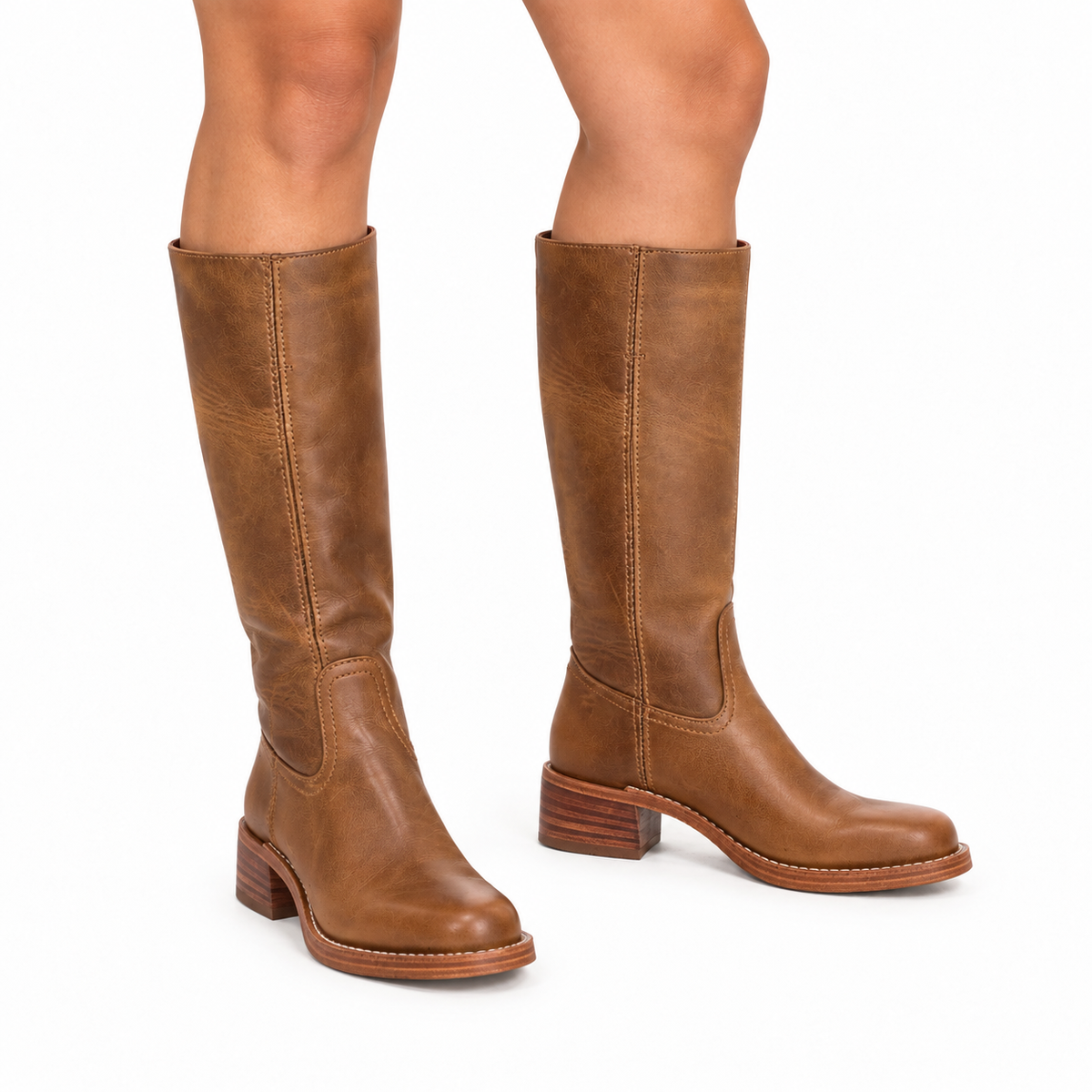 Women's Knee-High Cowboy Boots in Faux Leather with Low Block Heel - Brown