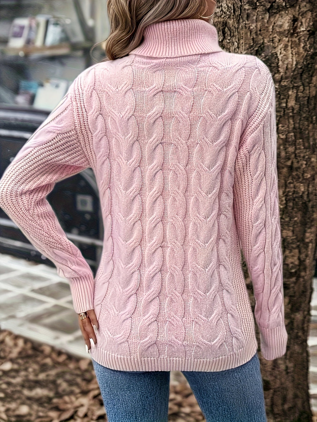 Women's Everyday Turtleneck Pullover with Twisted Cable Knit