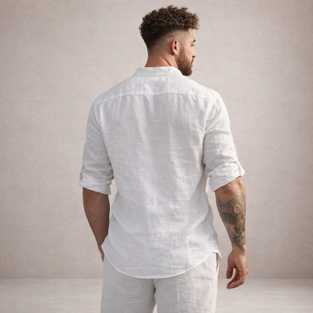 Men's Linen Shirt Open Placket Roll Sleeve Resort Fit