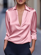 Women's Satin V-Neck Blouse Draped Collar Elegance