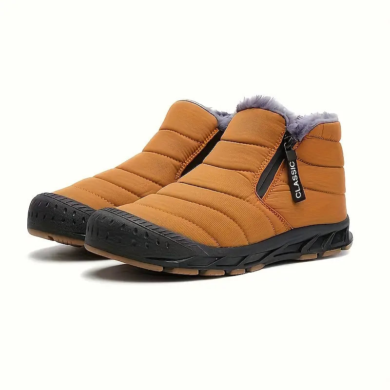 Men's Horizontal Quilted Zip Winter Boots with Plush Lining - Brown
