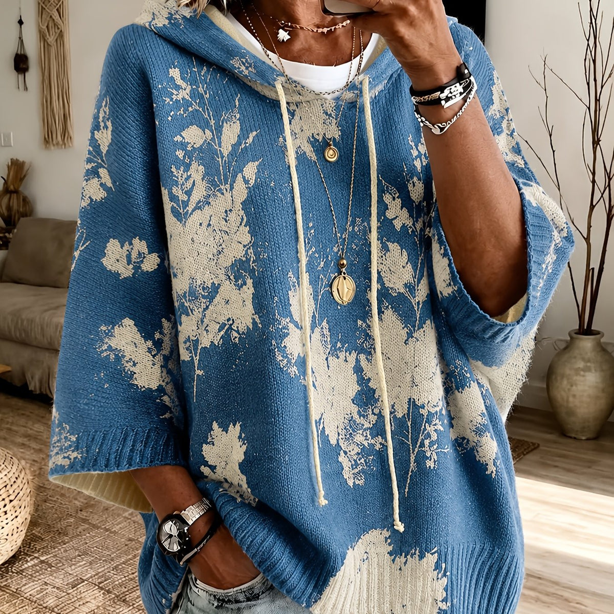 Women's Drawstring Hood Floral Knit Poncho Sweater - Dark Blue