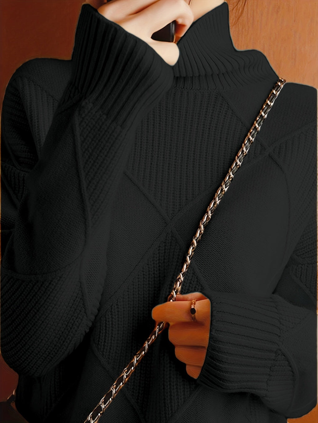 Women's Insulating Knit Turtleneck with Diamond Stitch Detail
