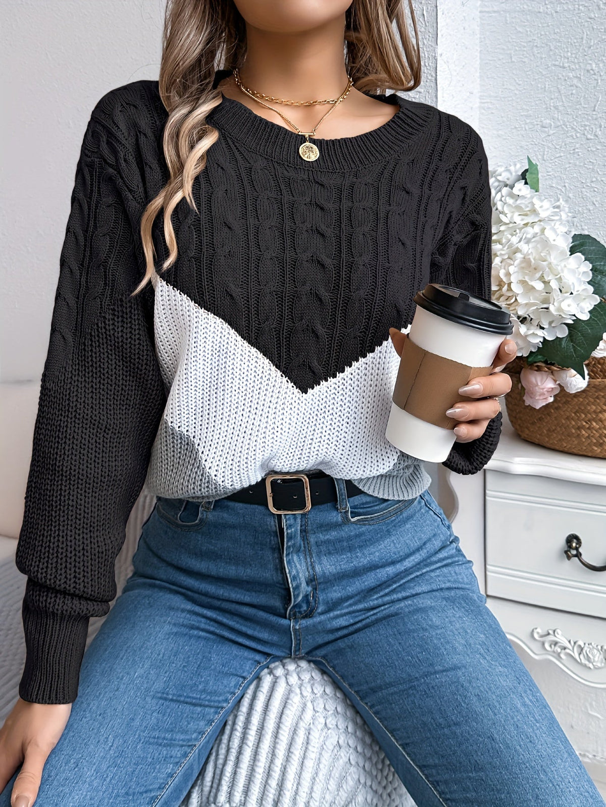 Women's Soft Knit Two-Tone Crew Sweater with Gentle Stretch