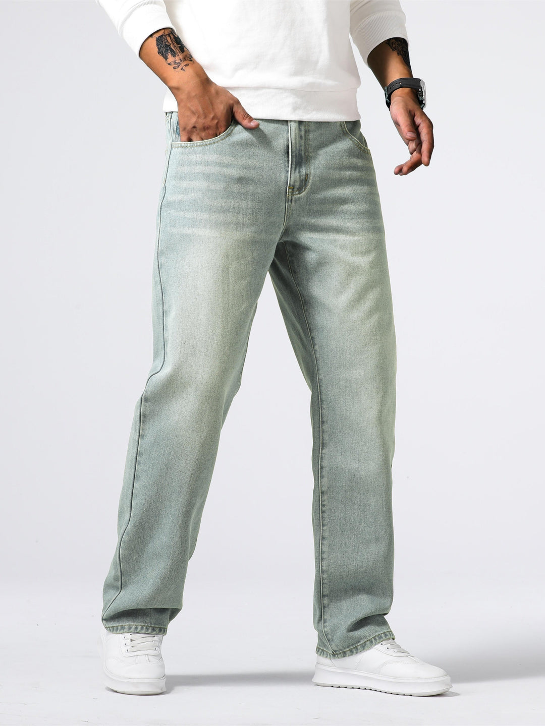 Men's Denim Jeans Straight Leg Washed Blue Everyday Fit