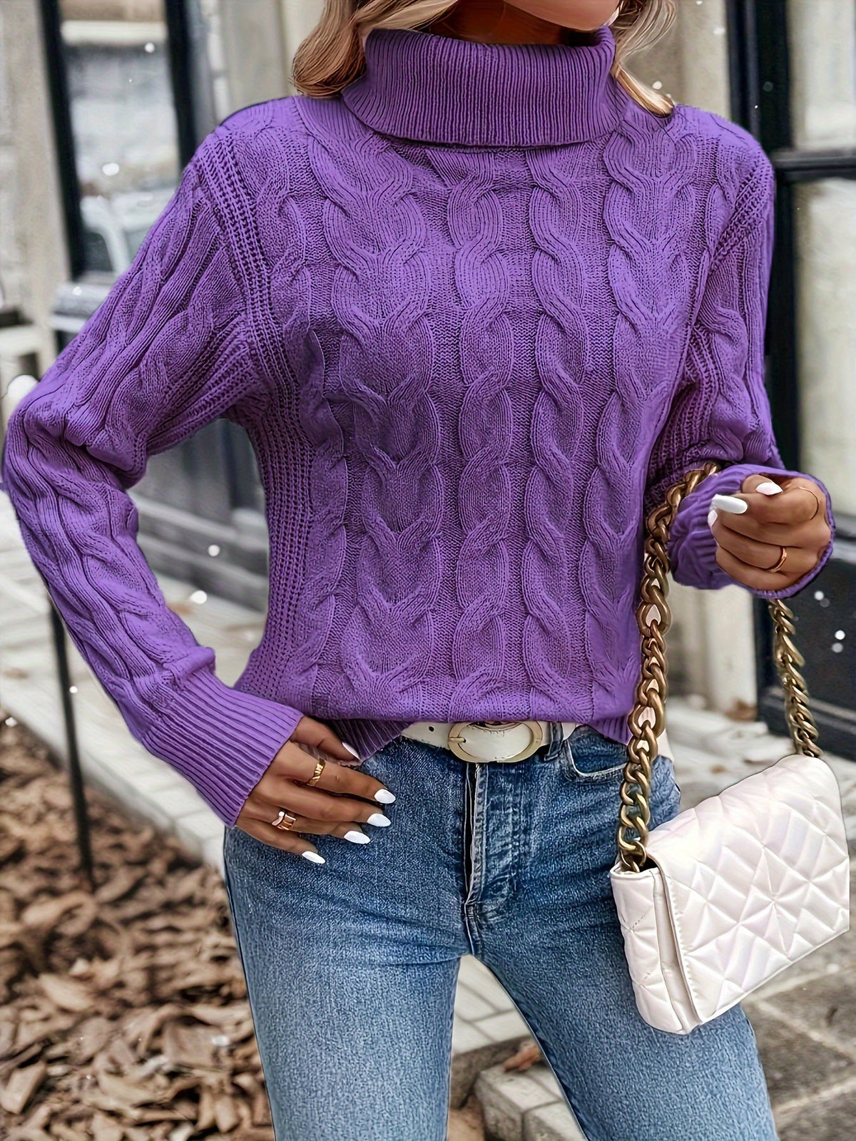Women's Everyday Turtleneck Pullover with Twisted Cable Knit