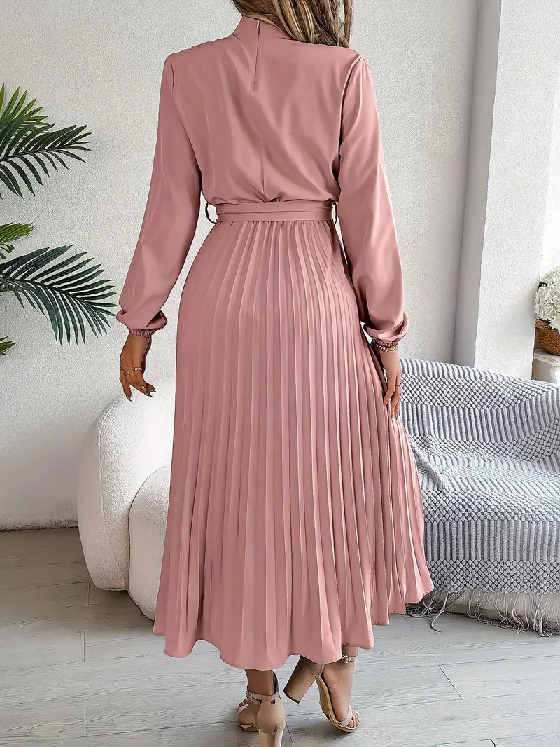 Women's Pleated Midi Dress with High Neck Tie
