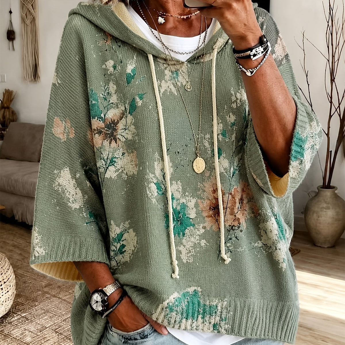 Women's Drawstring Hood Floral Knit Poncho Sweater - Olive