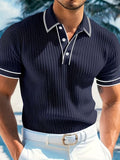 Men's Two-Tone Block Knit Polo with Short Sleeves - Navy Blue