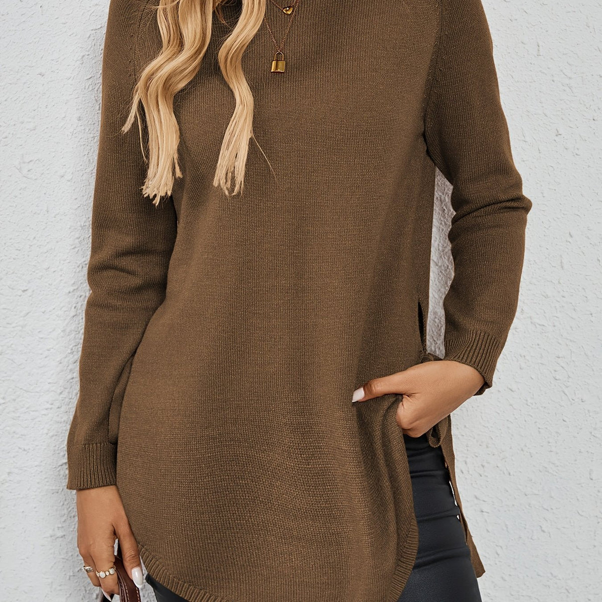 Women's Split-Side Tunic Length Pullover Sweater - Dark Brown