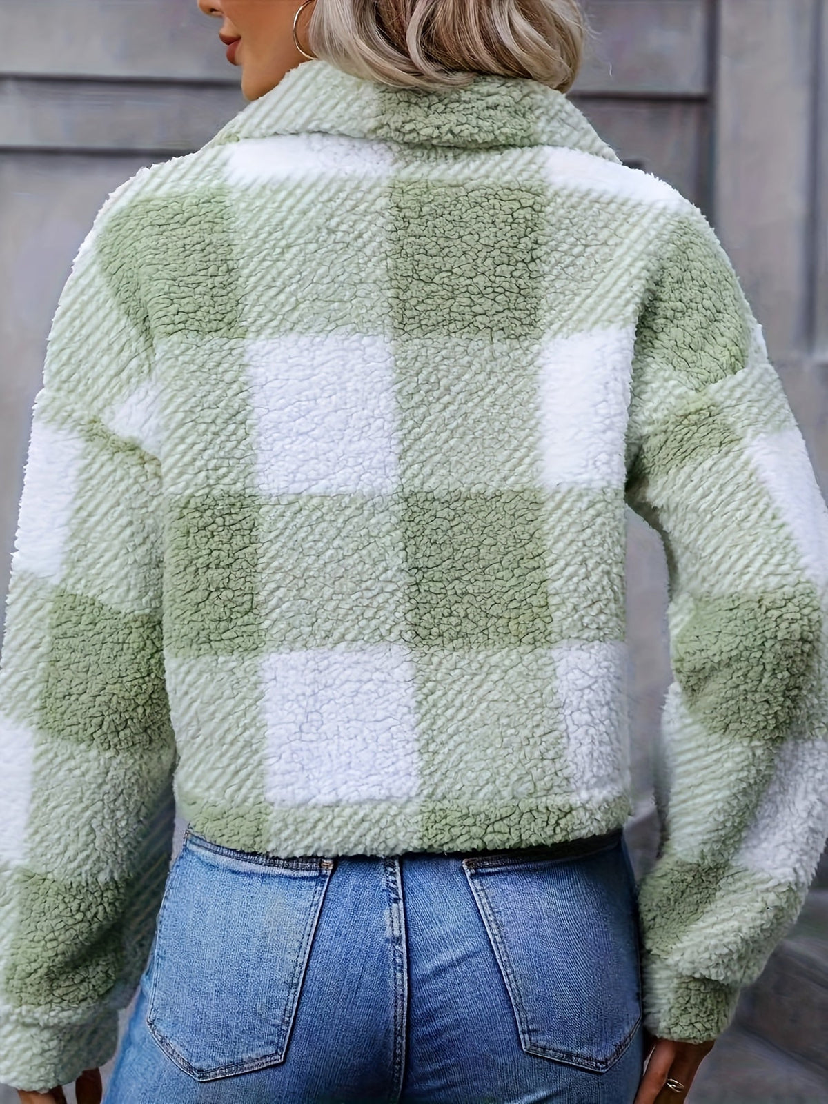 Women's Cropped Plaid Jacket with Relaxed Collar